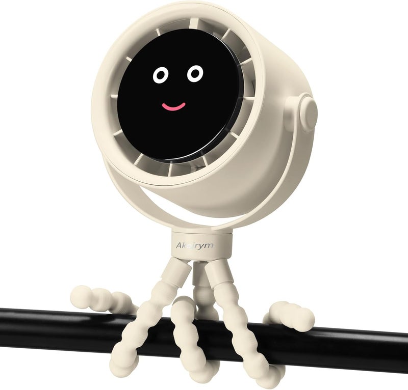 Akejrym Stroller Fan Portable, Personal Fan for Travel, Digital display, Detachable 5 Speeds Rechargeable 360° Rotate Flexible Tripod Fan, For Home Office Stroller Camping - Rice White - Image 1